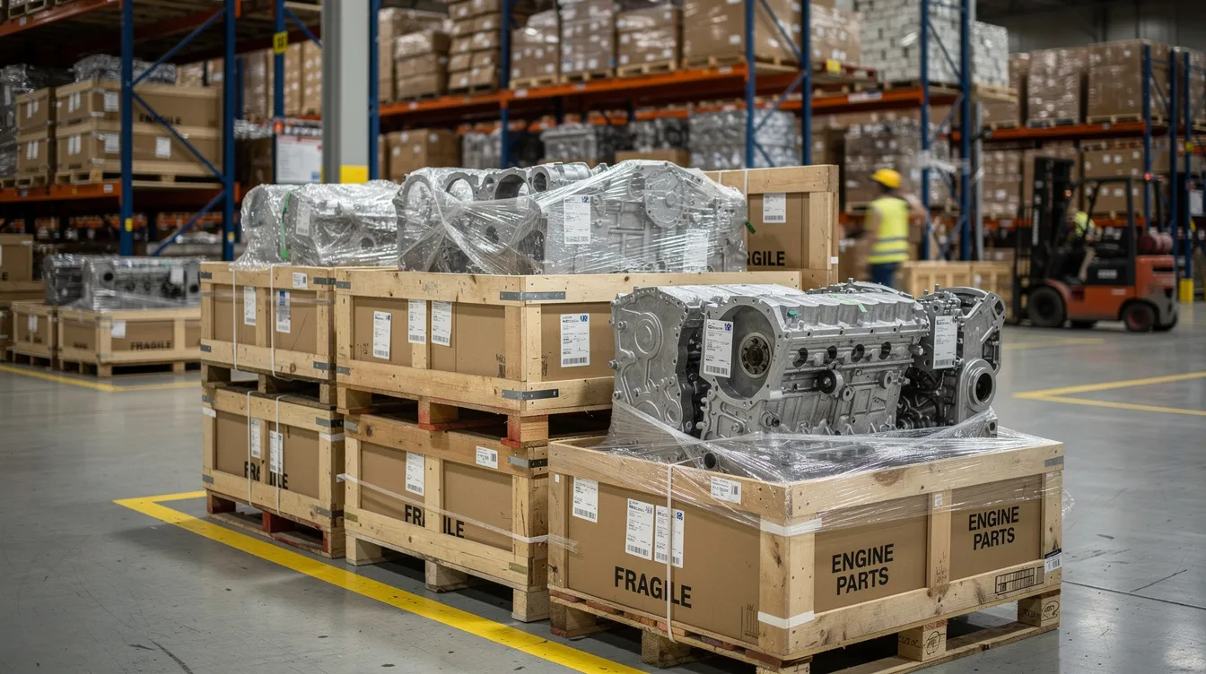 The image shows a warehouse filled with packed engine parts, including Volvo cylinder heads and other components, all ready for shipping. The neatly arranged boxes reflect a focus on quality and performance for car enthusiasts and professionals.