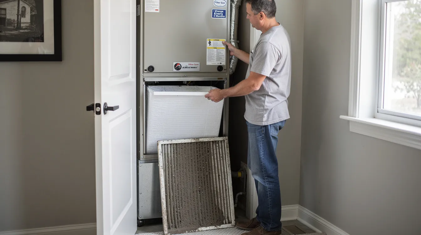 A homeowner is changing the air filter of their HVAC system in a residential setting, ensuring optimal performance and efficiency of the AC unit. This routine maintenance contributes to temperature control and quiet operation, keeping the home comfortable year-round.