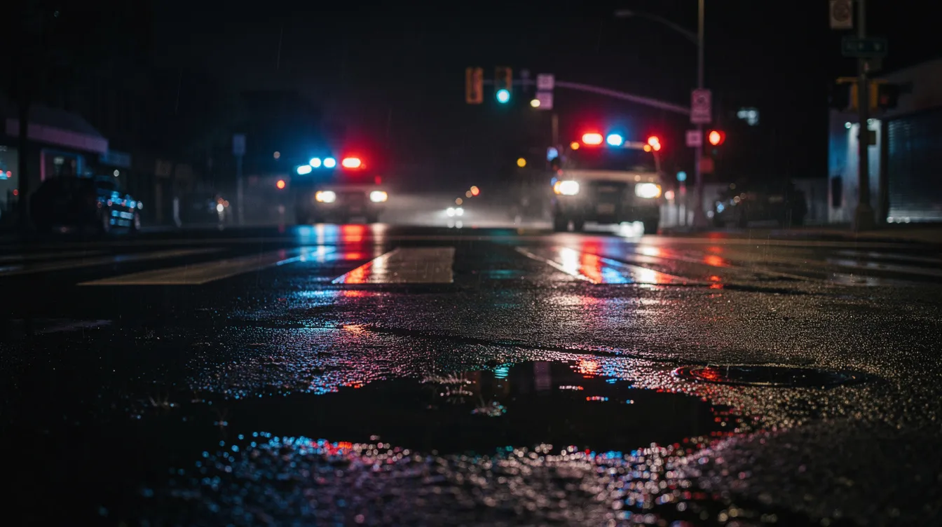 Emergency vehicle lights illuminate a wet road at night, creating a dramatic scene near an intersection, which could be the aftermath of a motorcycle accident. The reflection of the lights may evoke the urgency of the situation, highlighting the potential for serious injuries often seen in motorcycle crash cases.