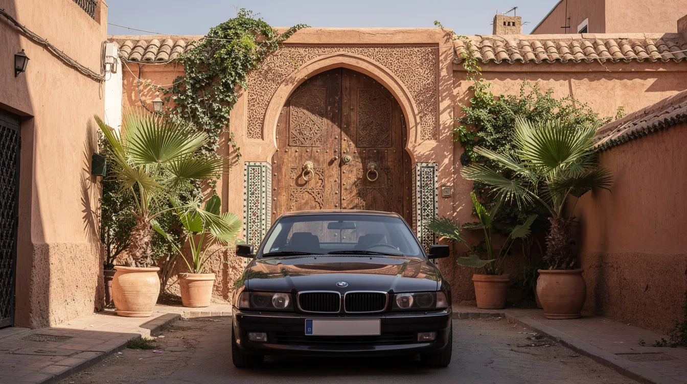 Un'auto berlina scura è parcheggiata davanti a un riad marocchino, caratterizzato da una porta in legno decorata e circondato da piante verdi. Questo scenario evoca un'atmosfera esotica, ideale per un viaggio in un luogo ricco di cultura.