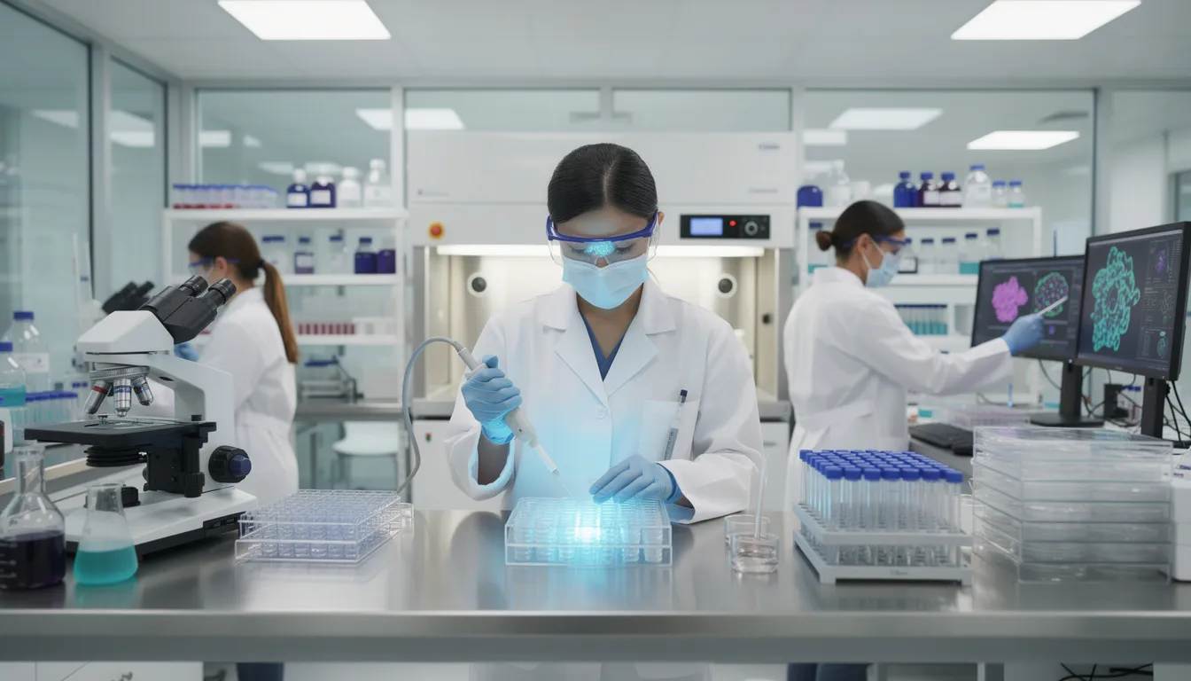 The image depicts a modern research laboratory where scientists are engaged in advanced stem cell cultivation techniques, focusing on adult stem cells and their potential applications in regenerative medicine. Various equipment and samples are visible, highlighting the collaborative environment of stem cell research aimed at understanding and utilizing multiple cell types for therapeutic purposes.