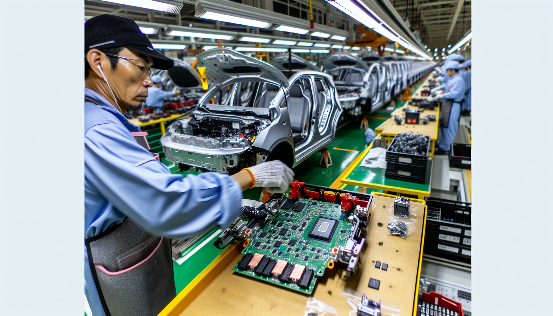 Electric vehicle assembly line with high demand for semiconductor chips