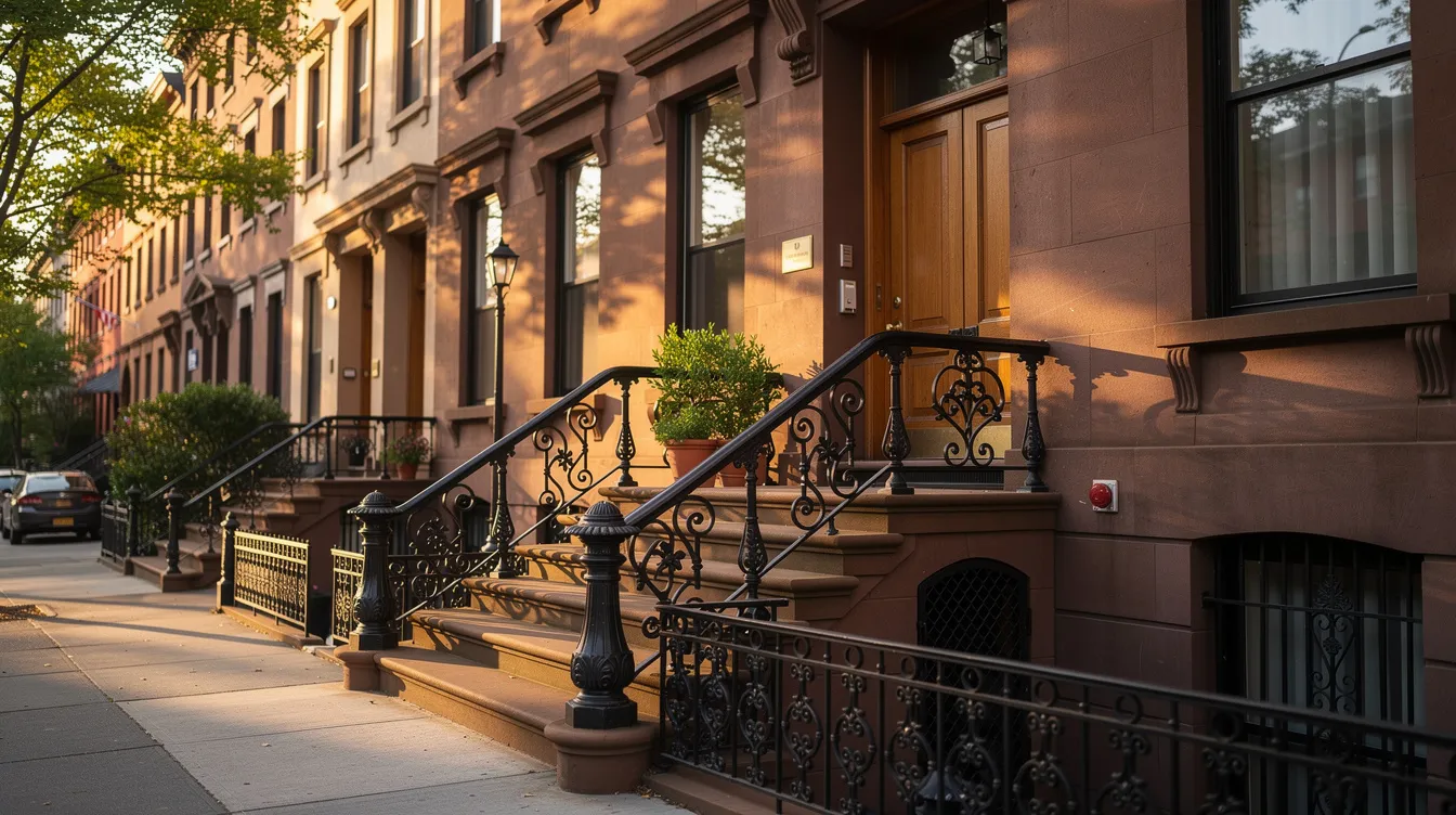 A sunlit brownstone stoop with ornate iron railings stands on a quiet residential block in Bedford Stuyvesant, showcasing the charm of Brooklyn's historic architecture. This inviting entrance could be the perfect property for buyers looking to explore real estate opportunities in the vibrant neighborhoods of New York.
