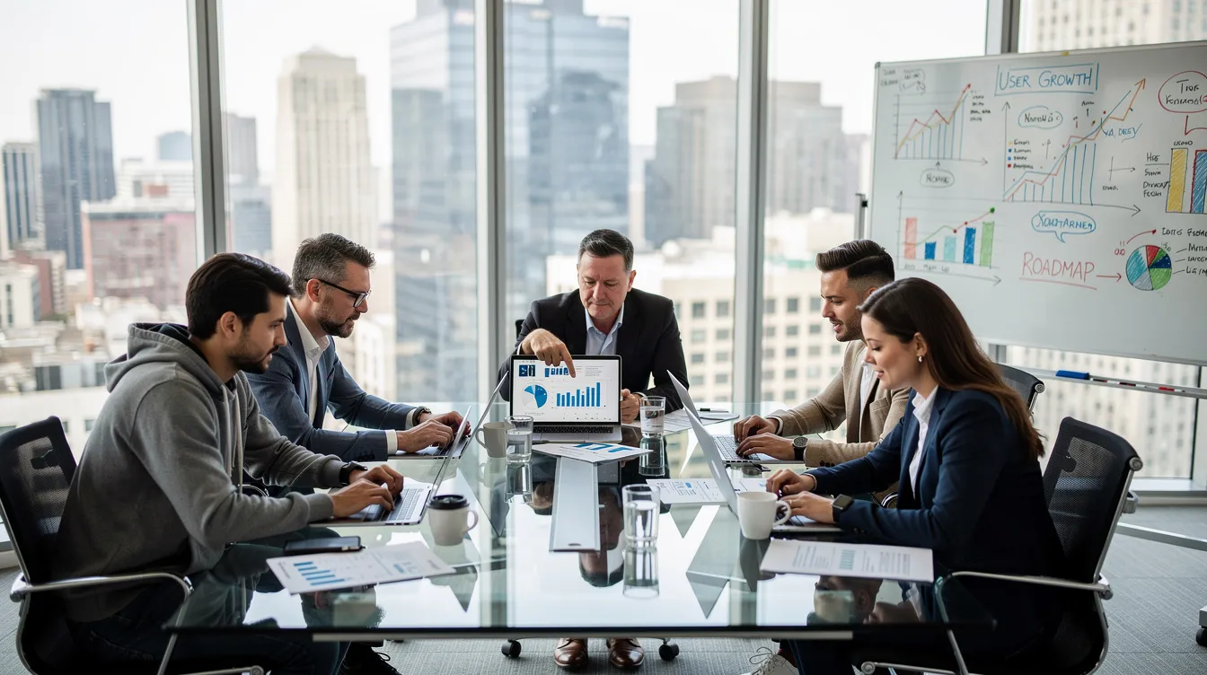 A group of startup founders is gathered around a conference table, engaged in reviewing their business plans and discussing strategies on laptops. They appear focused, exchanging feedback on their ideas and the potential market fit as they prepare to pitch investors for necessary funding.