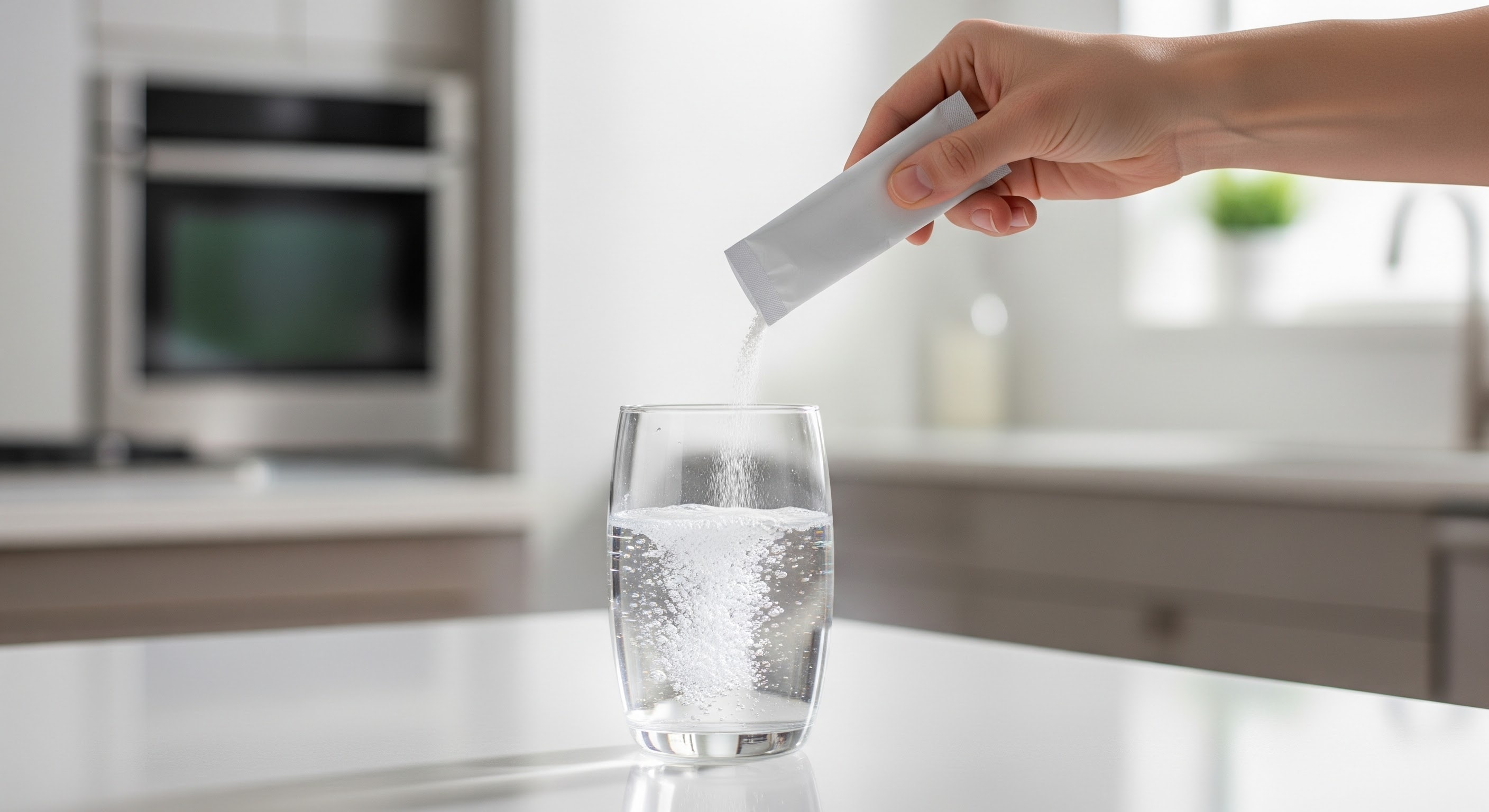 pouring powder stick pack into a glass of water, effervescent dissolve, clean modern kitchen, lifestyle, high-key lighting
