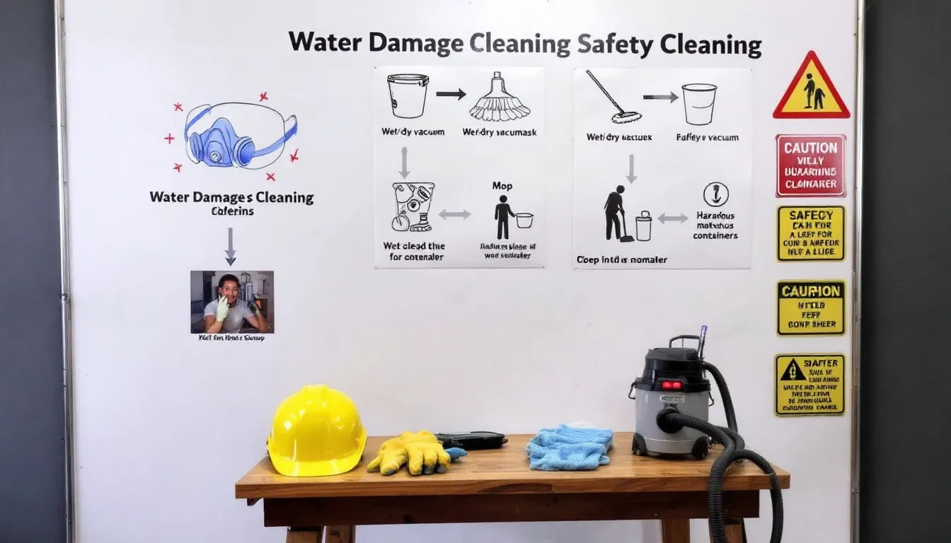 An image illustrating safety precautions during water damage cleanup, showing protective gear and equipment.