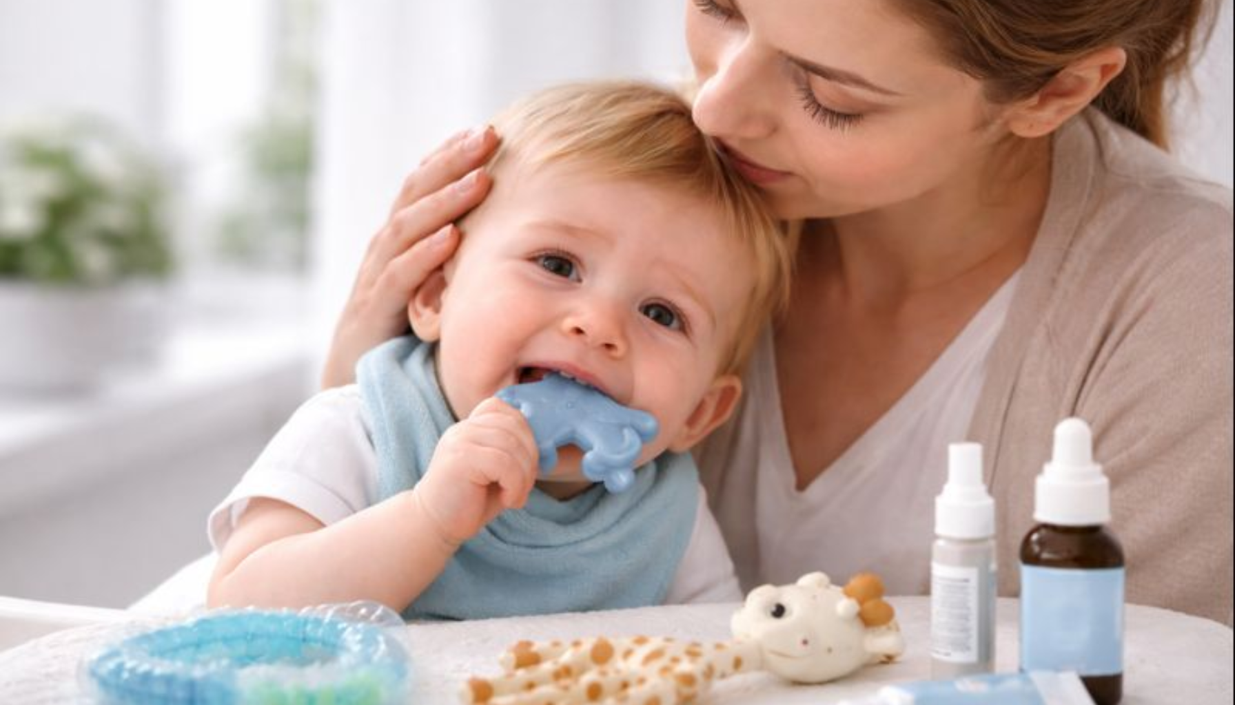 Baby tygger på biteleke mens mor trøster, med ulike hjelpemidler mot tannfrembrudd synlig på bordet.