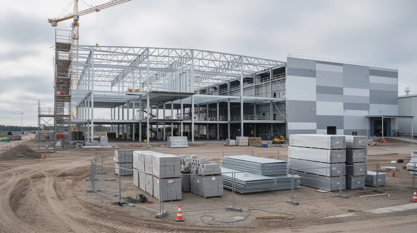 e3885b89 d3b7 48d2 8af4 ea12d9c3f66e The image shows the exterior of a food processing factory under construction, featuring a steel framework and various building materials. This facility is likely intended for milk production, supporting dairy entrepreneurs and enhancing rural development with modern infrastructure for processing dairy products.