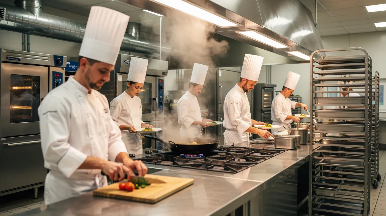 En la imagen se observa a cocineros profesionales trabajando en una cocina industrial, rodeados de maquinaria de acero inoxidable y mesas de trabajo. La zona de producción está organizada para maximizar la eficiencia y el cumplimiento de normas de higiene, destacando la importancia del diseño y dimensionamiento en el éxito de un restaurante.