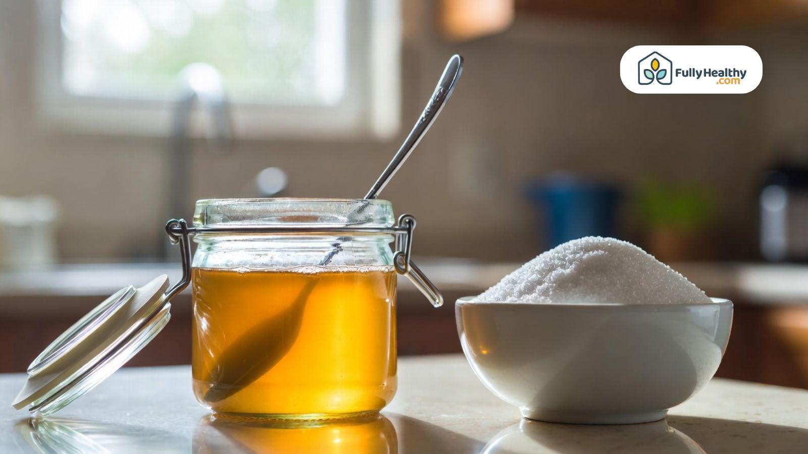 Glass jar of honey beside a bowl of white sugar on a modern kitchen countertop with soft daylight.