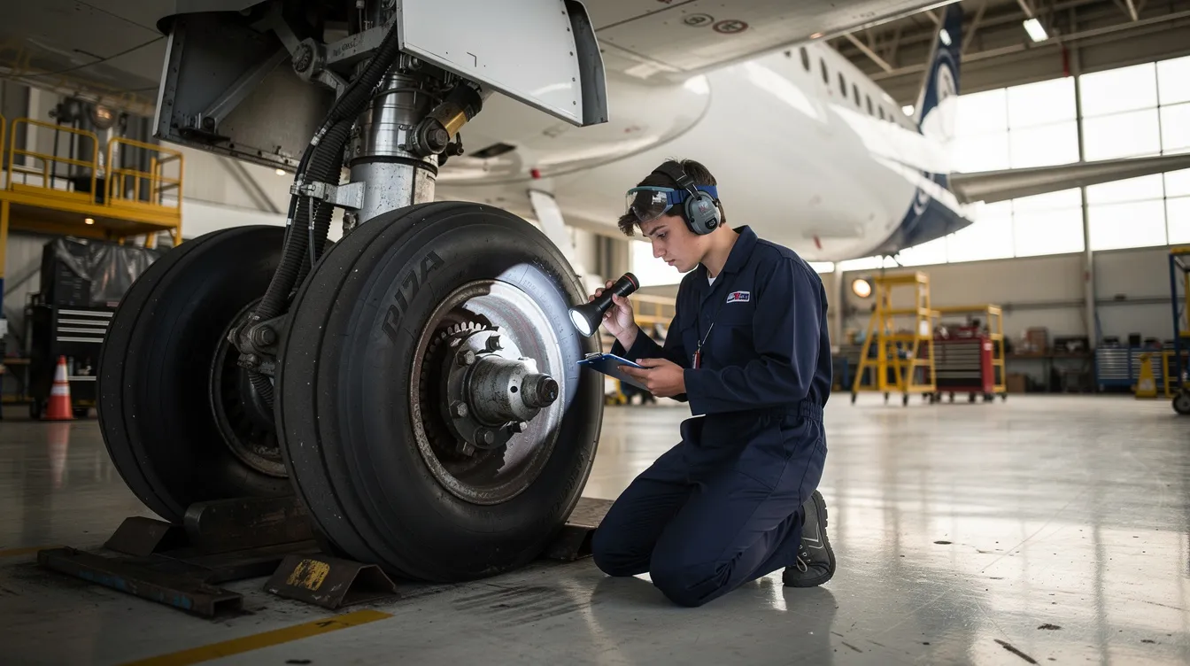 An aircraft mechanic apprentice is inspecting the landing gear of an aircraft in a hangar, engaging in hands-on training as part of their apprenticeship program. This experience is essential for their development as an aviation maintenance technician, preparing them for a successful career in aircraft maintenance.