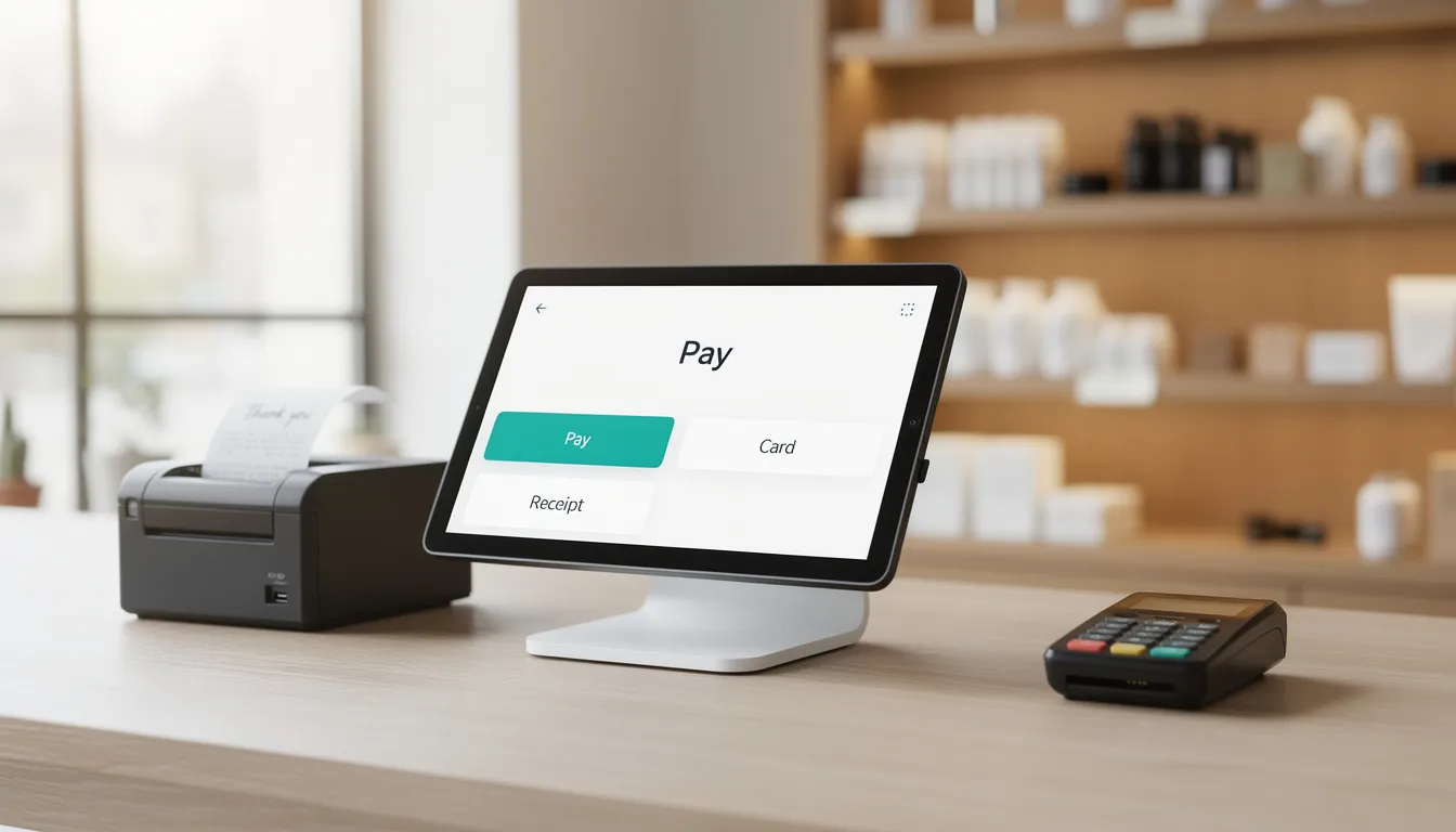 The image shows a modern tablet-based point of sale (POS) system set up on a shop counter, designed to accept payments from customers using credit and debit cards. This technology enhances the customer experience for small businesses by streamlining transactions and providing access to vital data for inventory and sales management.