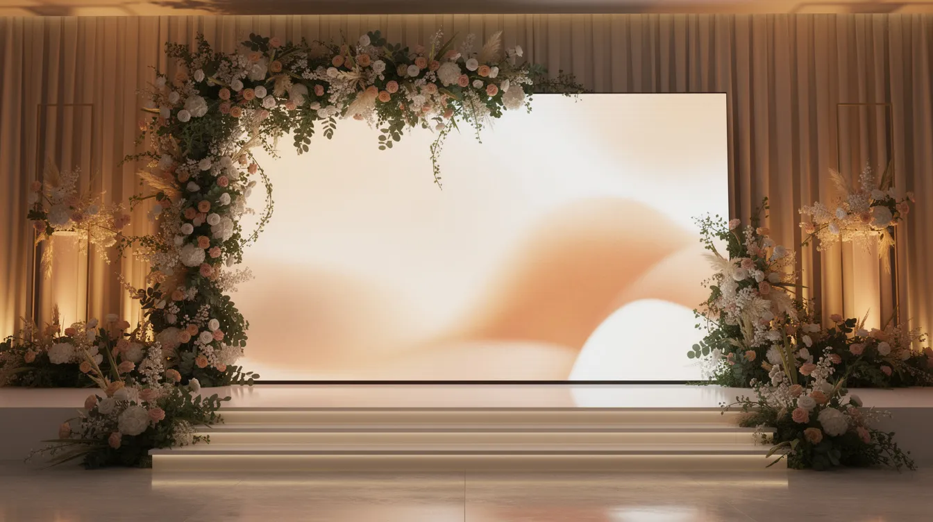 The image features a beautifully designed reception stage area, showcasing an LED wall integrated into a floral arch, with warm lighting enhancing the surrounding elements. This setup provides crystal clear clarity for video messages or slideshows, creating a stunning backdrop for the special day.