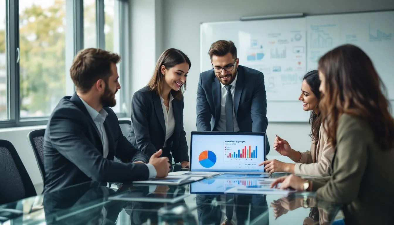 A business team is gathered around a table, analyzing their marketing budget allocation across various advertising channels, including social media marketing, Google Ads, and email marketing. They are discussing effective marketing strategies to engage their target audience and increase brand awareness through multiple digital platforms.