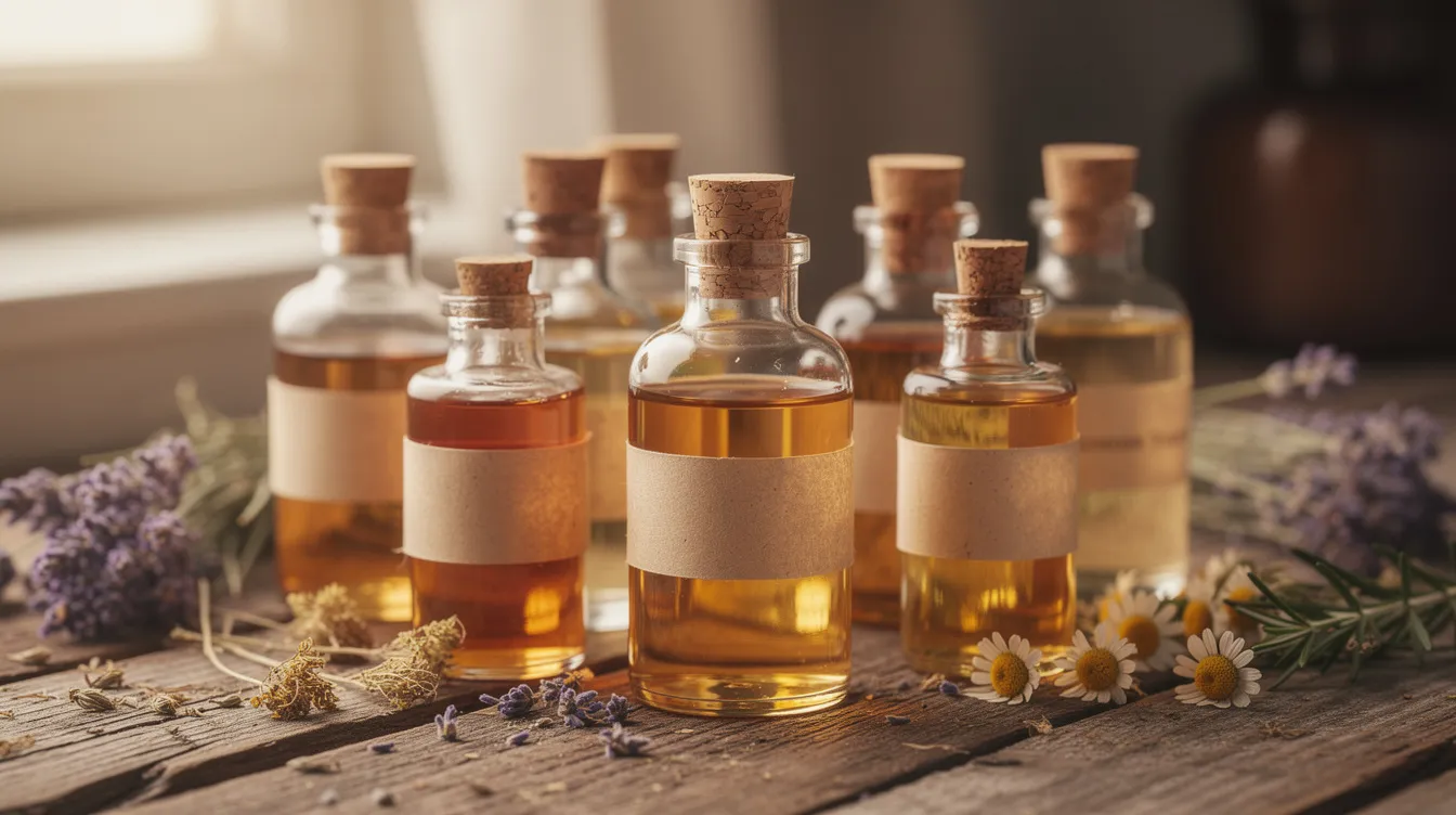 The image features several small glass bottles of various carrier oils, elegantly arranged on a wooden surface, surrounded by dried herbs. These body oils, which may include scents like vanilla and patchouli, are perfect for skin application, absorbing quickly and leaving a lingering fragrance.