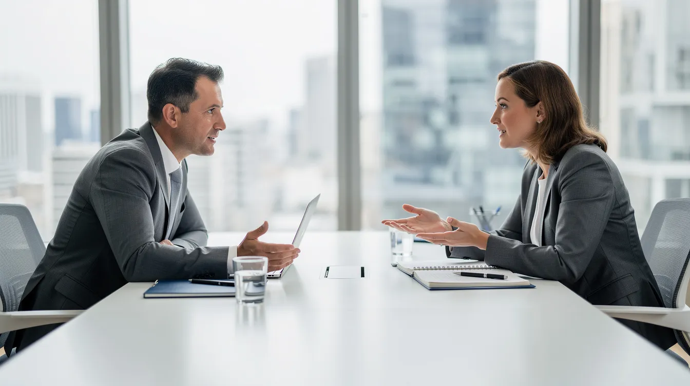 L'image montre deux professionnels en réunion dans un bureau moderne. L'un écoute attentivement l'autre, adoptant une posture ouverte qui favorise l'écoute active et la communication efficace, créant ainsi un climat de confiance propice aux échanges.