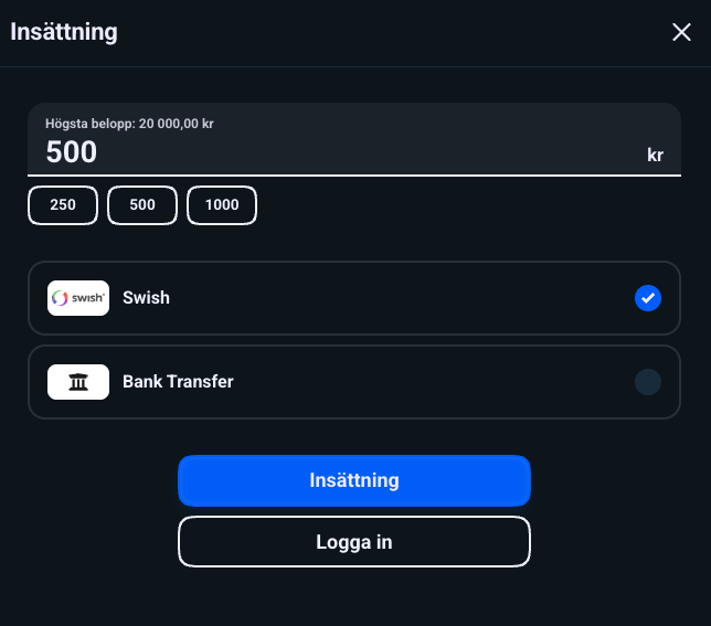 Insättningsfönster hos Svajpa Casino där spelare kan sätta in pengar via Swish eller banköverföring från 100 kr.