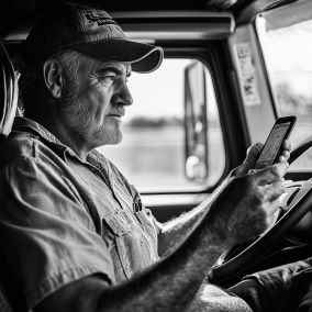 truck driver looking at cell phone