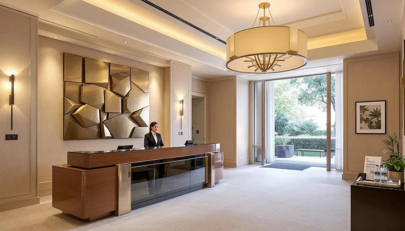 An elegant hotel lobby features a concierge desk adorned with welcome amenities, creating a warm and inviting atmosphere for guests. This space is designed to enhance the guest experience, offering hotel packages and local attractions information for a memorable stay.