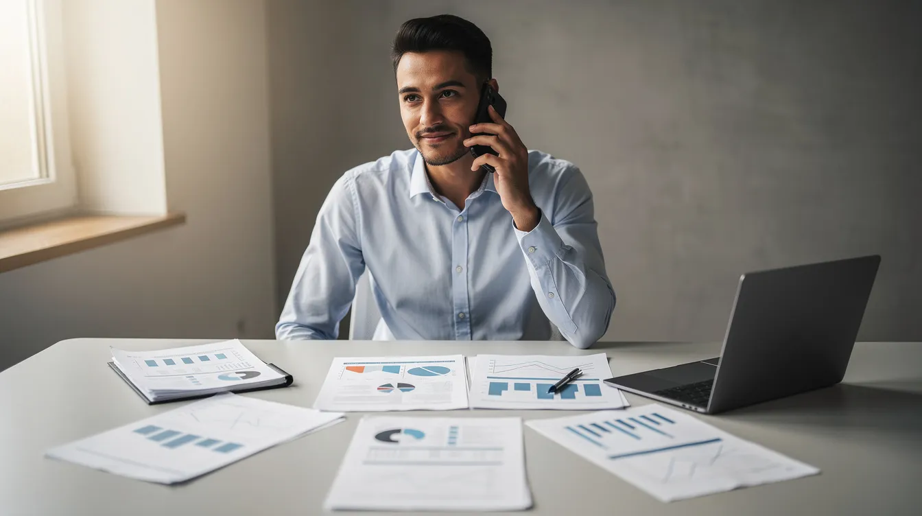 e399bda2 767e 4e68 86d7 1f50b8d5b7d0 The image features a person sitting at a table surrounded by documents, calmly making a phone call. This scene could represent someone discussing their mudra loan application status or seeking financial assistance from a bank or financial institution for their small business.