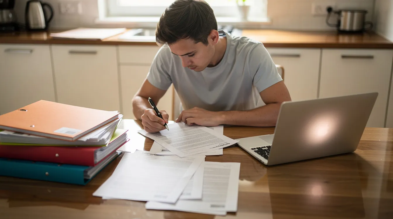 A person sits at a kitchen table, intently reviewing paperwork related to their social security disability benefits, with a laptop and various folders spread out in front of them. The scene reflects the careful organization needed for navigating the application process and managing medical documentation for disability claims.