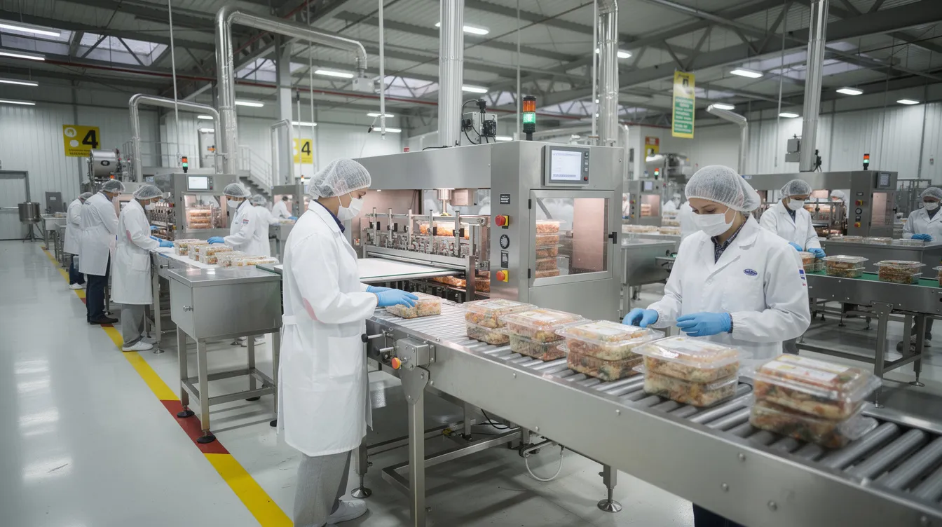e399ec0b 438d 440a aec2 899ae61355e3 The image depicts a bustling food processing factory where multiple workers are engaged in various tasks alongside advanced packaging machines. This vibrant scene highlights the operational efficiency essential for small and medium enterprises, showcasing the importance of financial support and credit facilities for their growth and stability.