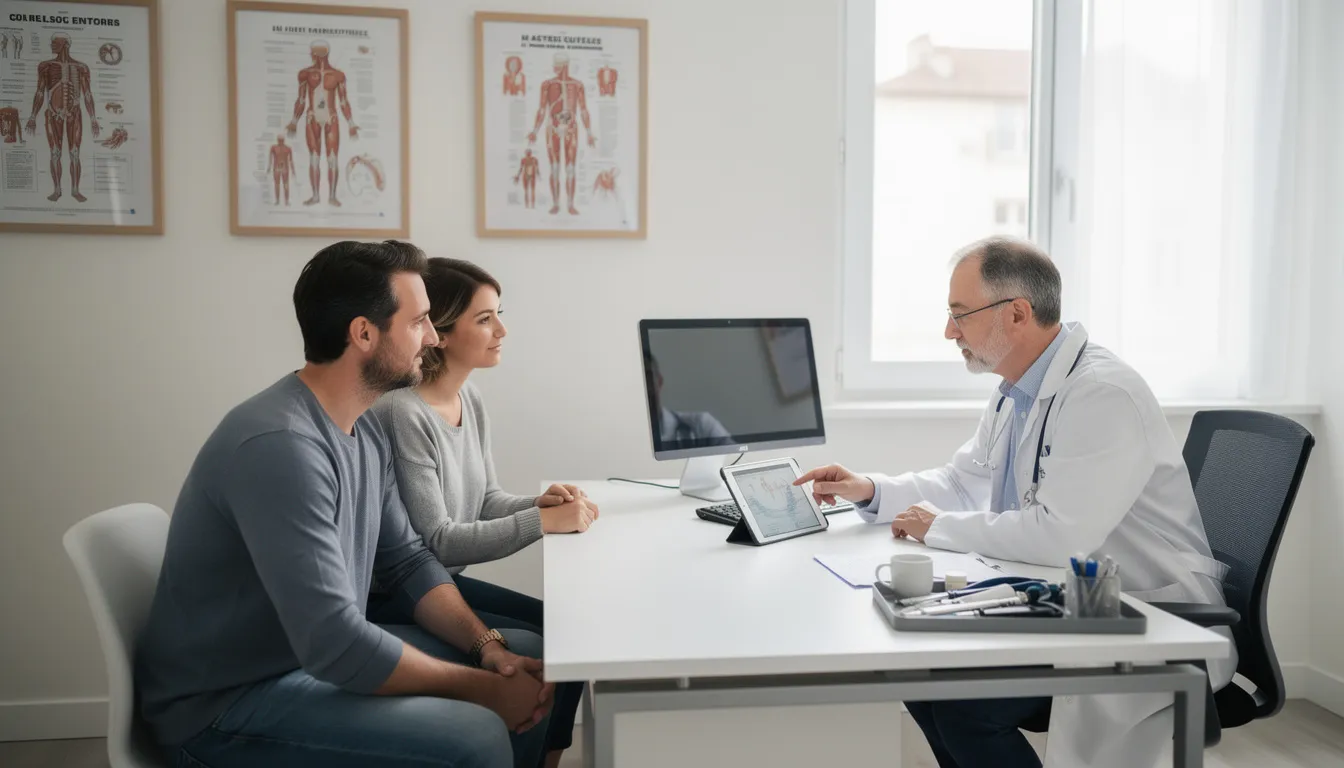 L'image montre un médecin discutant avec un couple dans un cabinet médical, abordant des sujets liés à la fécondation in vitro et aux taux de réussite du transfert d'embryons congelés. Le médecin explique les différentes techniques de vitrification et leur impact sur les chances de grossesse.