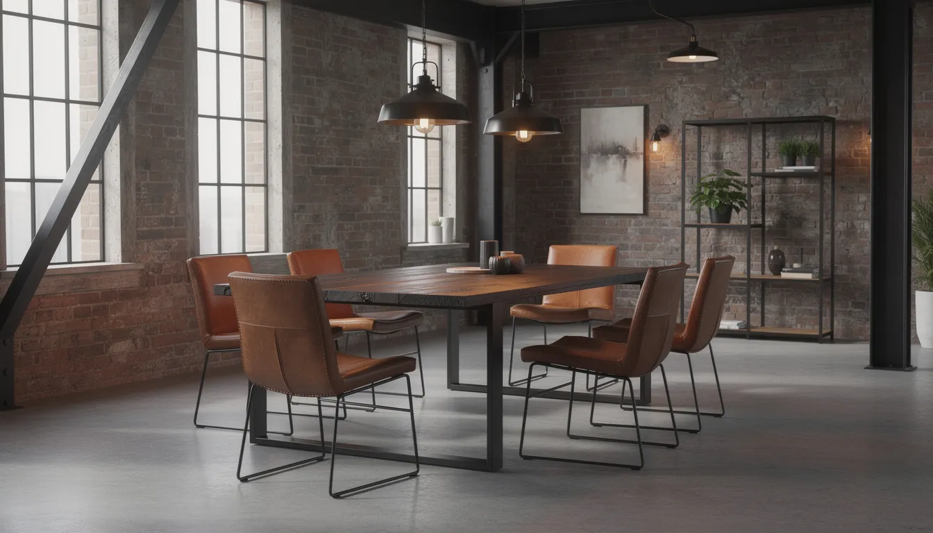 Een industriële eethoek met een grote, robuuste tafel van donker hout en luxe leren stoelen, die een intieme sfeer creëert. Deze complete eethoek is perfect voor gezellige diners met vrienden en familie.