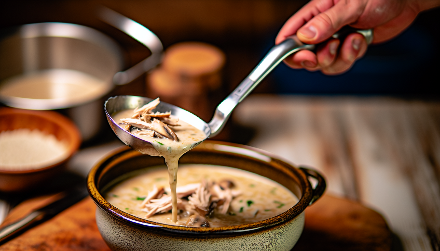 A creamy chicken mushroom soup being poured into a serving bowl