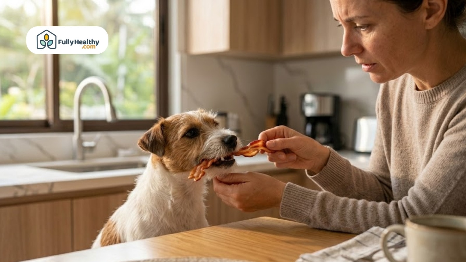 Woman feeding small dog bacon treat in kitchen
