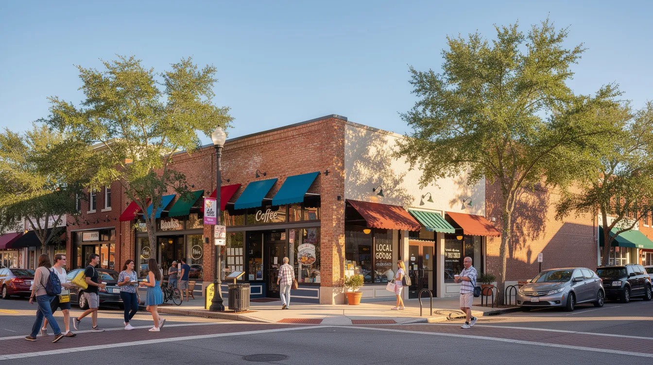 The image depicts a vibrant downtown Gainesville street bathed in sunlight, showcasing small business storefronts and pedestrians enjoying the day. This lively scene highlights the local businesses that contribute to Gainesville's charm, reflecting the community's active engagement and foot traffic.