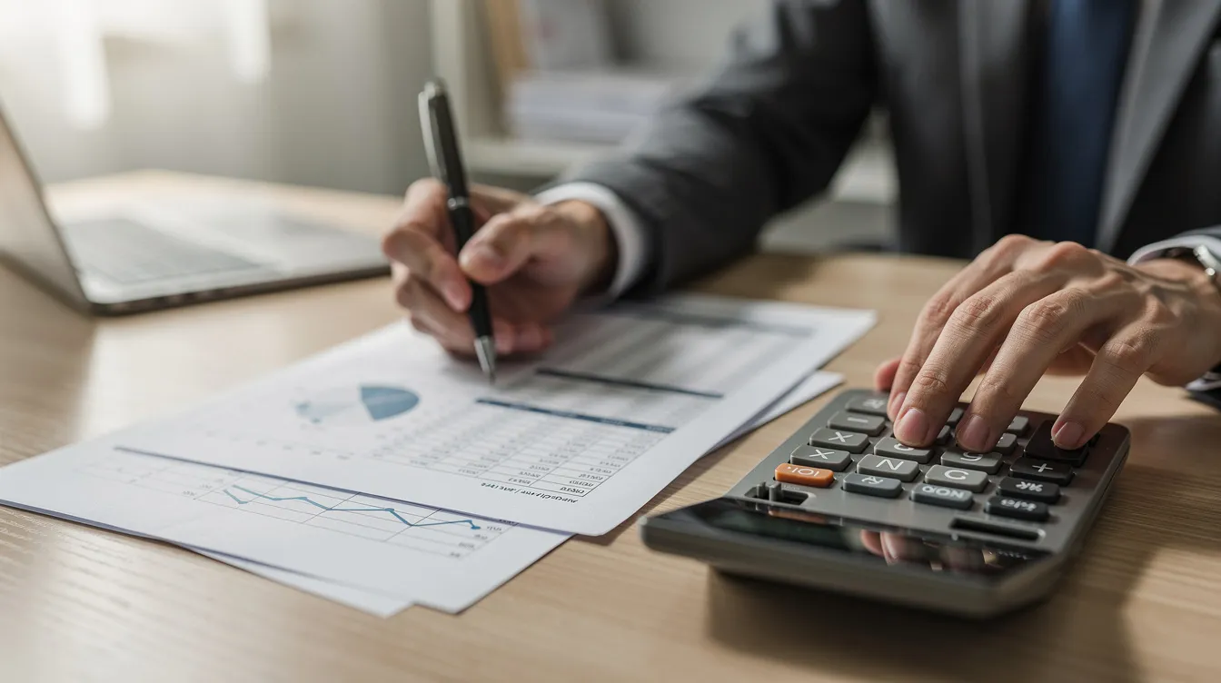 e39ece61 9b0f 47da a93f 43415a7b4440 A person is sitting at a desk, meticulously reviewing financial documents, including a loan application form, with a calculator and pen nearby. The scene suggests a focus on preparing for a mudra loan application, essential for small and micro enterprises seeking financial assistance from banks or financial institutions.