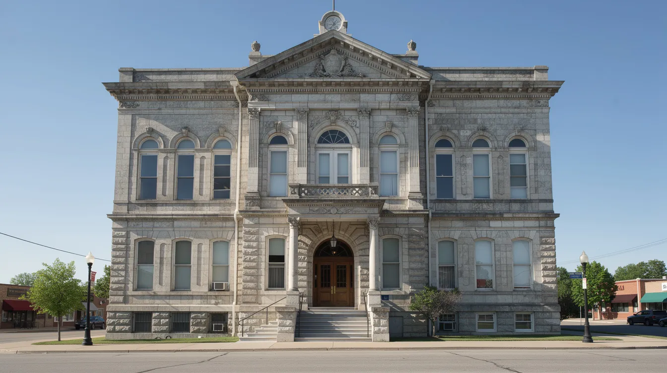 A historic stone courthouse building featuring tall arched windows and intricate architectural details.