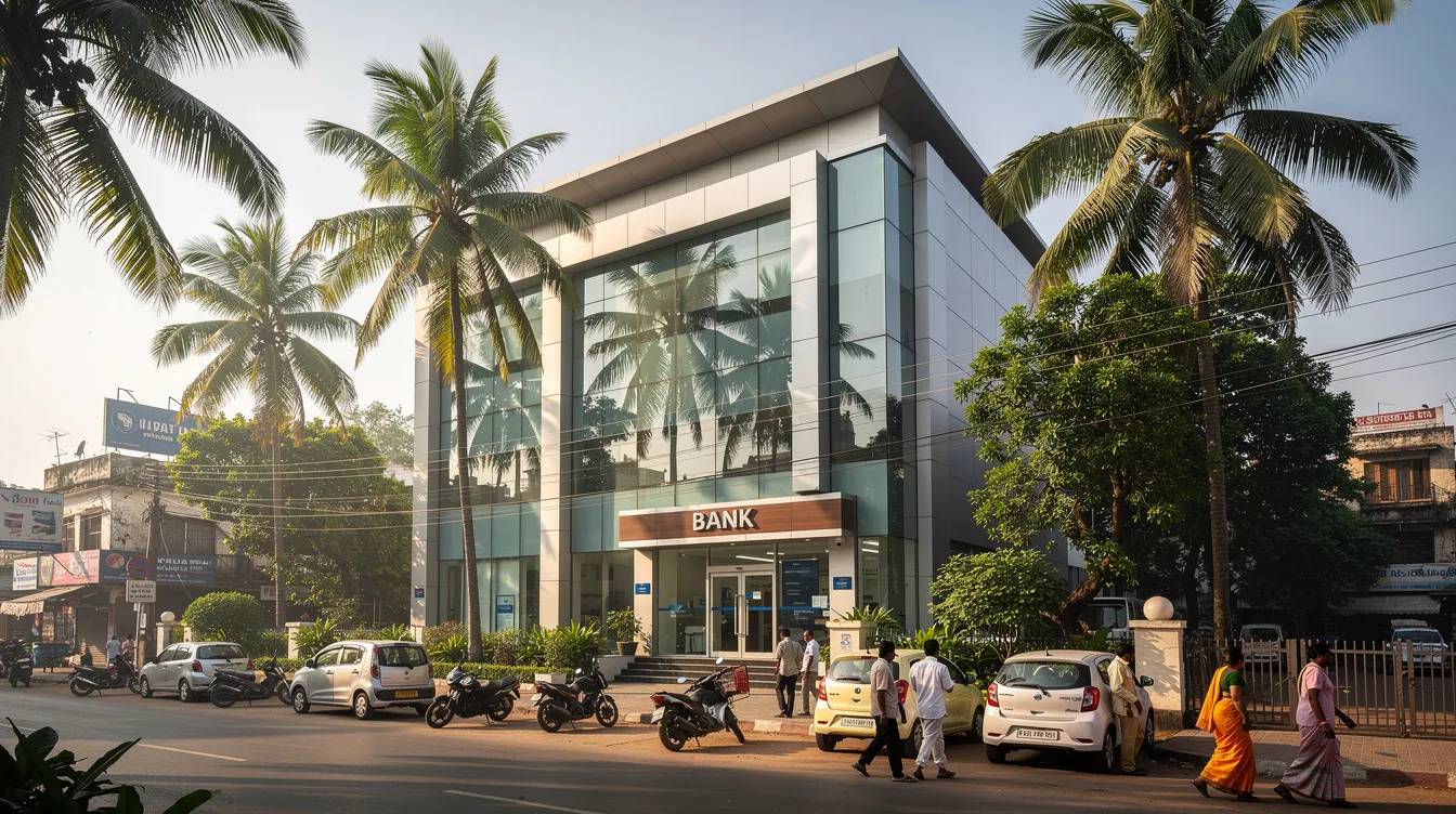 The image shows a modern bank building, specifically the Tamilnad Mercantile Bank, located in a South Indian city, surrounded by palm trees. The sleek architecture reflects contemporary design, catering to customers seeking various banking services such as accounts, credit, and forex services.