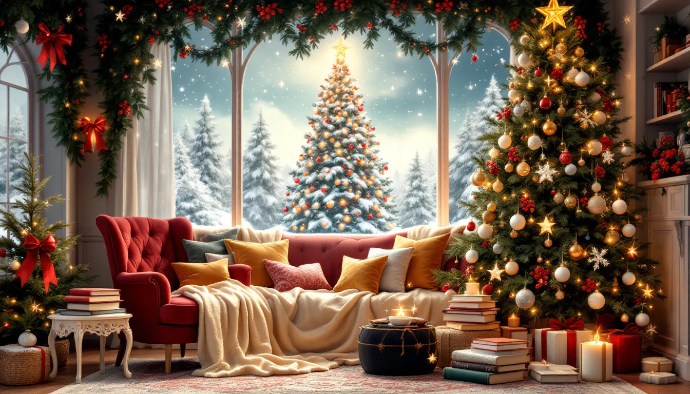 A festive winter-themed book display surrounded by holiday decorations.