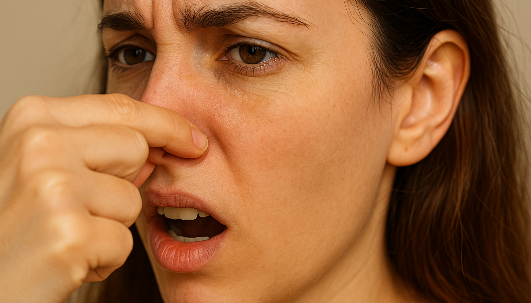 Dårlig ånde hele tiden: Hva avslører lukten om munnhelsen din 11 Kvinne som klyper nesen og reagerer på ubehagelig lukt med åpen munn og bekymret ansiktsuttrykk.