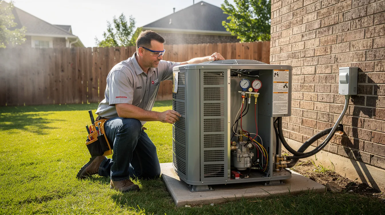 A technician is inspecting an outdoor residential AC condenser in a Dallas backyard, checking for common issues that could affect system performance, such as dirty filters or refrigerant leaks. This maintenance work is essential to prevent costly repairs and ensure the air conditioning unit runs efficiently, providing cold air during hot summer months.