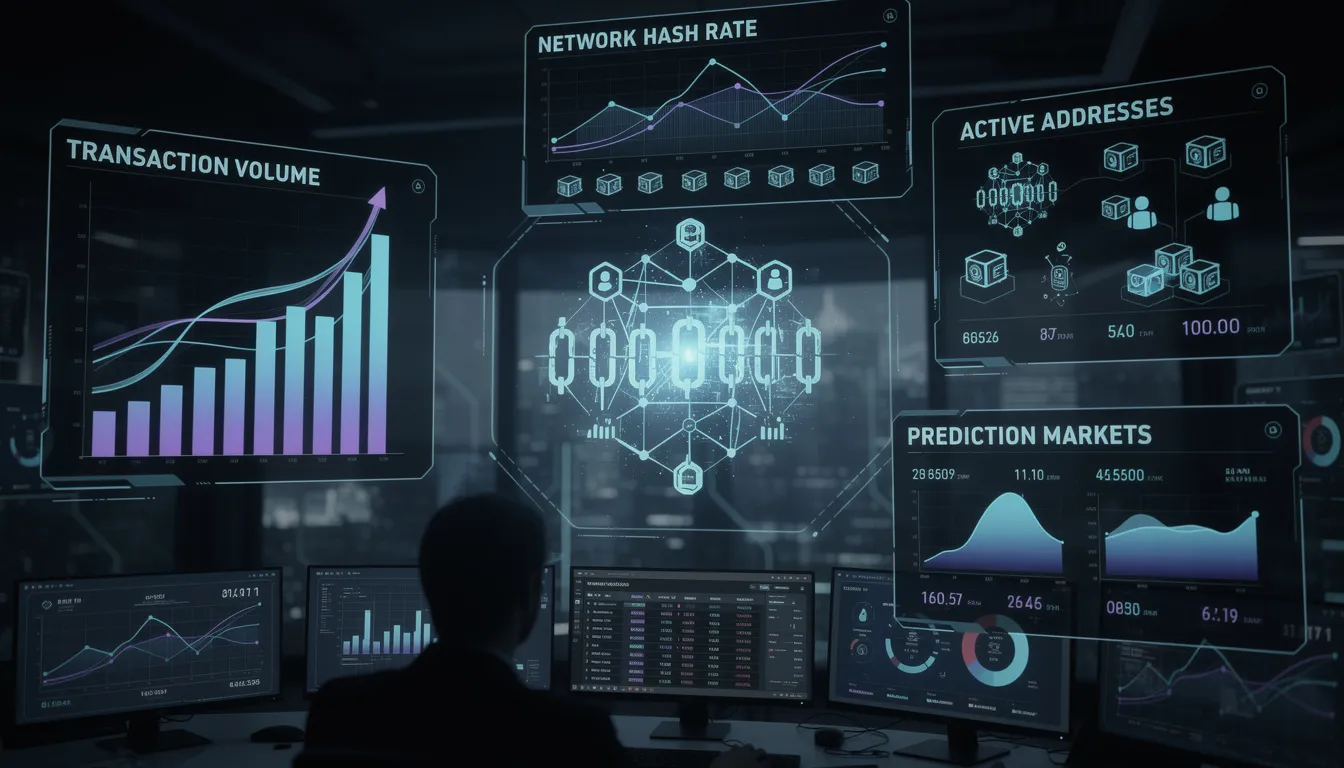 The image depicts a list of key on-chain indicators to monitor in the crypto market, including transaction volume, active addresses, and network hash rate, highlighting the importance of prediction markets for forecasting and risk management in the evolving landscape of digital assets and traditional finance. These indicators are crucial for investors navigating the complexities of the global financial system and assessing institutional interest in crypto assets amidst regulatory clarity and market fluctuations.