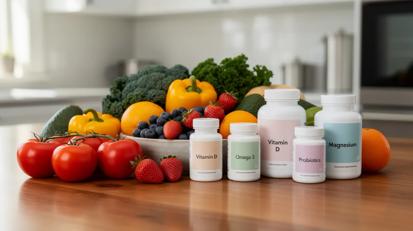 The image displays a vibrant assortment of whole foods alongside various supplement bottles on a wooden kitchen counter, emphasizing a functional medicine approach to health. This arrangement highlights key aspects of healthy aging, including gut health, immune function, and strategies to combat oxidative stress for overall cellular health.