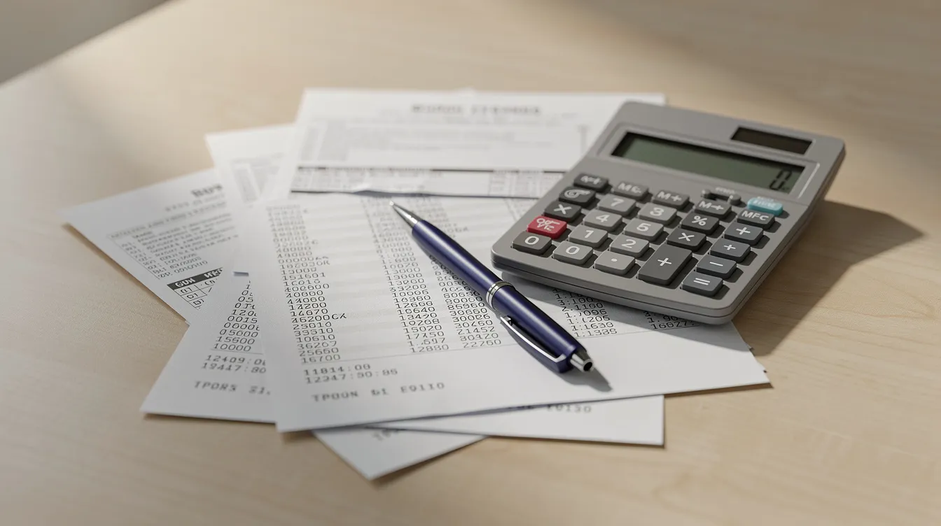 e3a7d075 b425 4435 a2c8 3afe87799291 A stack of documents, including bank statements, rests on a simple wooden desk alongside a calculator and a pen, suggesting a workspace for small business owners managing their finances. This scene reflects the importance of organization and planning, especially for those navigating the mudra loan scheme in India.