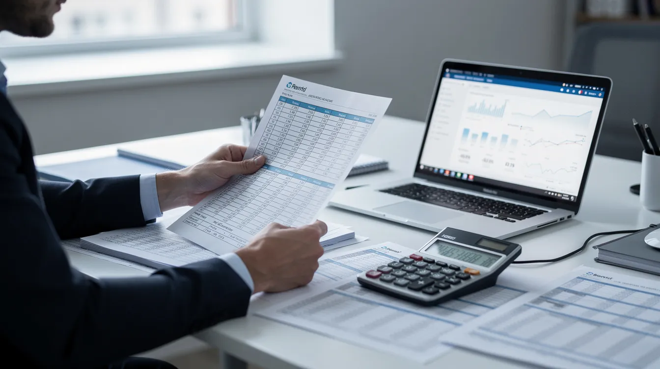 A person is seated at a desk, carefully reviewing financial documents alongside a calculator, while a laptop is open nearby, indicating a focus on real estate transactions and financing options. The scene suggests a detailed examination of hard money loans or commercial property loans, essential for savvy investors in competitive markets.