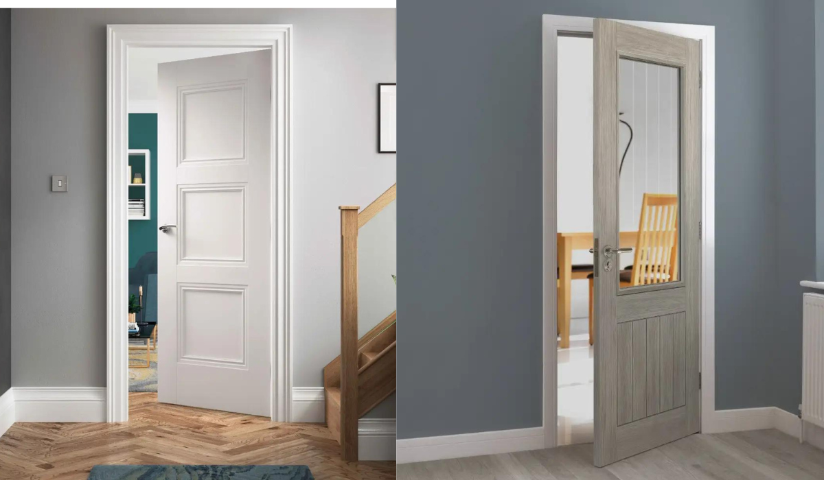 Traditional internal doors - white paneled door and a gret glazed panel door