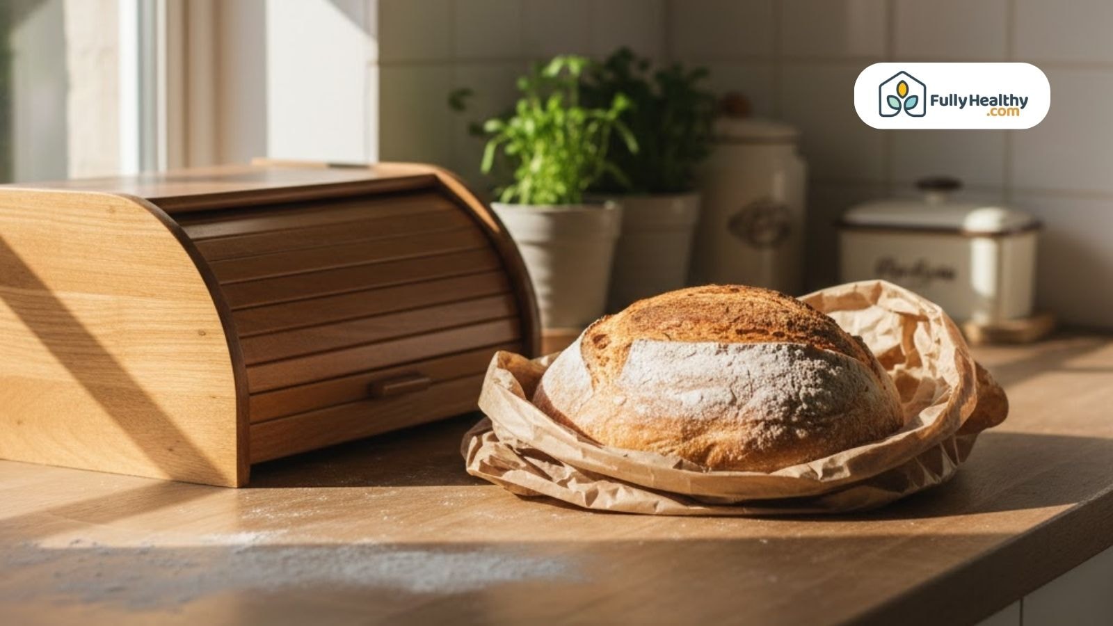 Whole loaf wrapped in parchment beside wooden bread box.