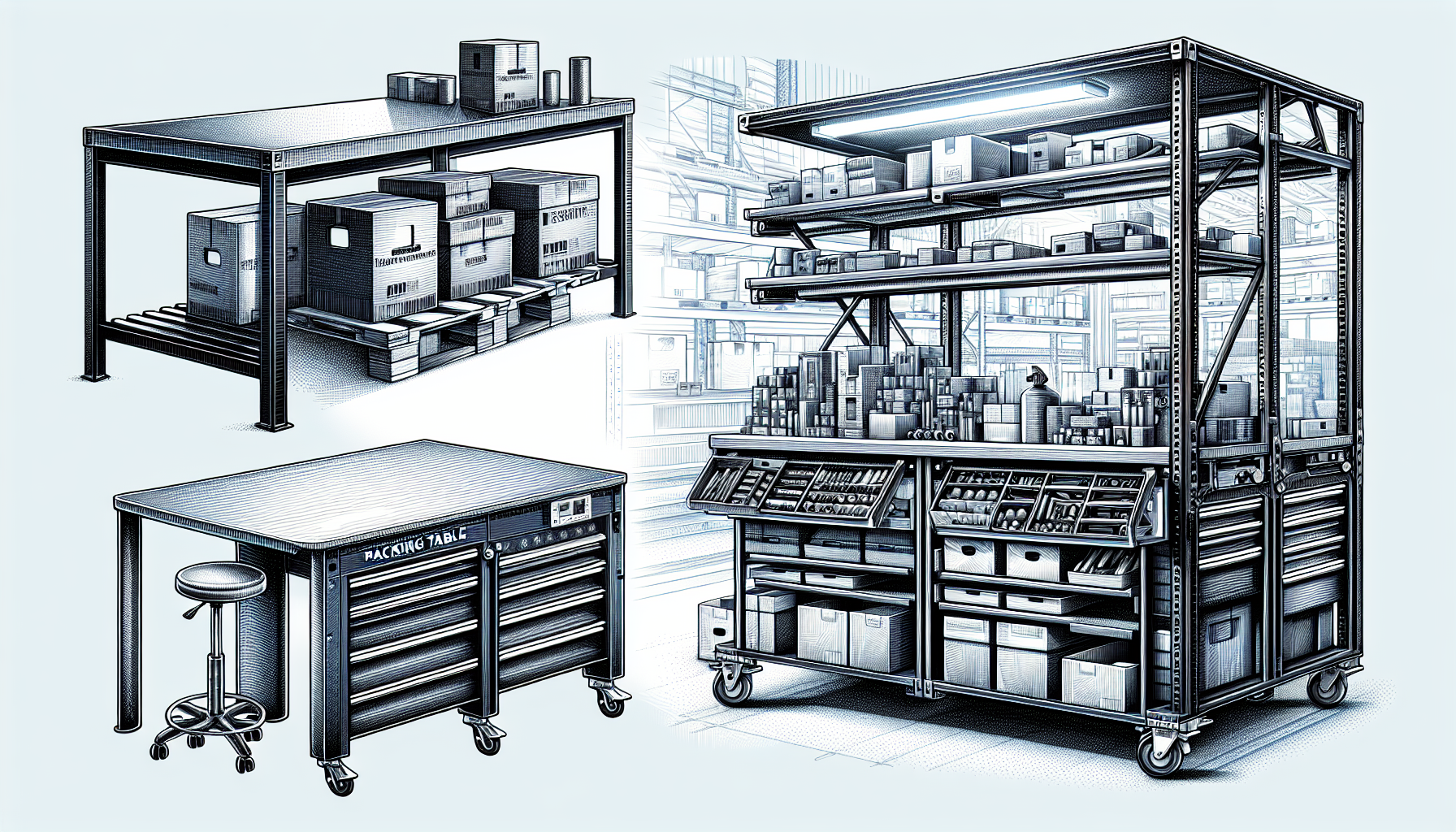 Different types of packing tables suitable for various industrial environments