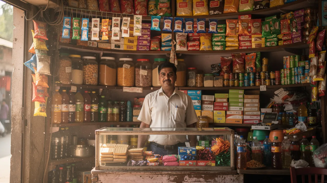 The image shows a small Indian shop owner standing behind the counter of a kirana store, surrounded by shelves filled with various goods. This scene reflects the vibrant atmosphere of small businesses in India, which often require financial assistance through schemes like the Mudra Yojana to manage working capital and expand their operations.