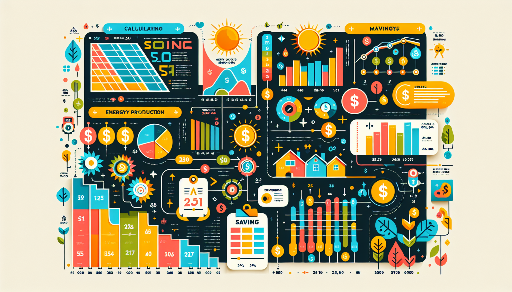 A visual representation of calculating savings with solar panels.