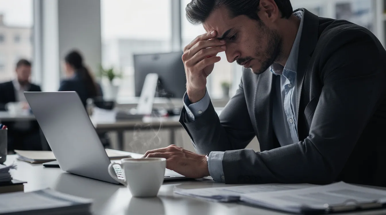 The image shows a tired office worker rubbing their eyes at a cluttered desk, with a coffee cup nearby, indicating a struggle with sleep deprivation and poor sleep quality. This scene reflects the challenges of maintaining a healthy sleep schedule amidst busy waking hours.