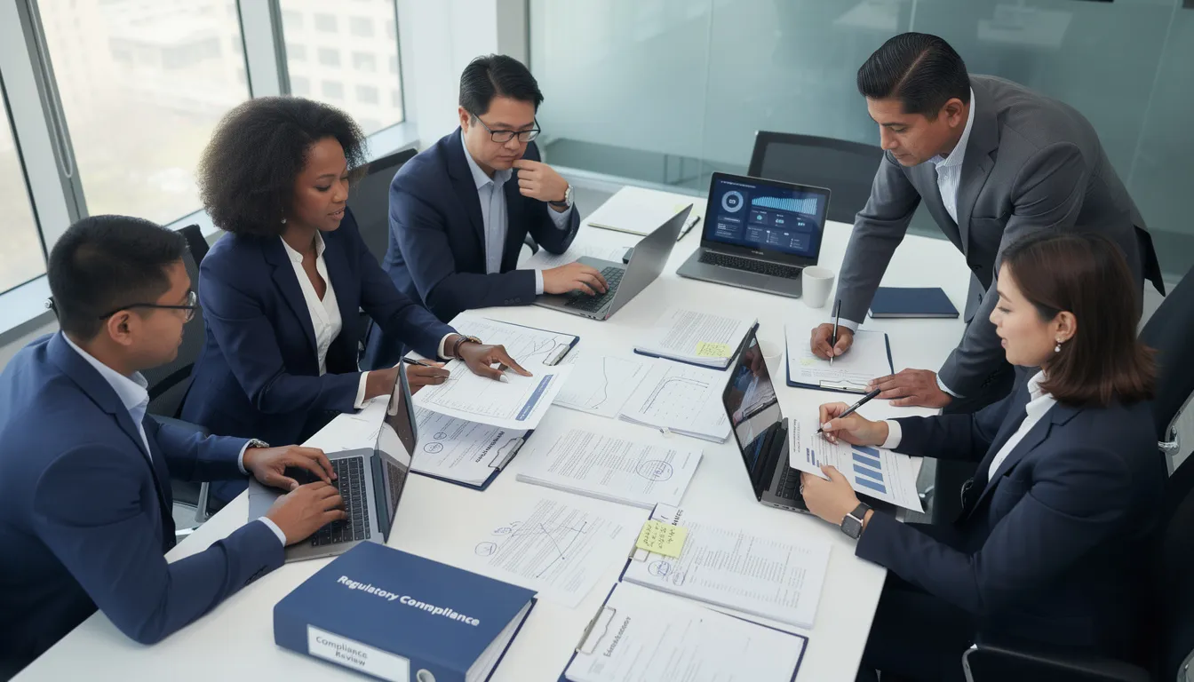 A diverse group of professionals is collaborating around a conference table, actively reviewing compliance documentation related to cybersecurity compliance and security measures. The scene emphasizes their commitment to protecting sensitive data and managing cybersecurity risks through effective risk assessments and adherence to regulatory requirements.