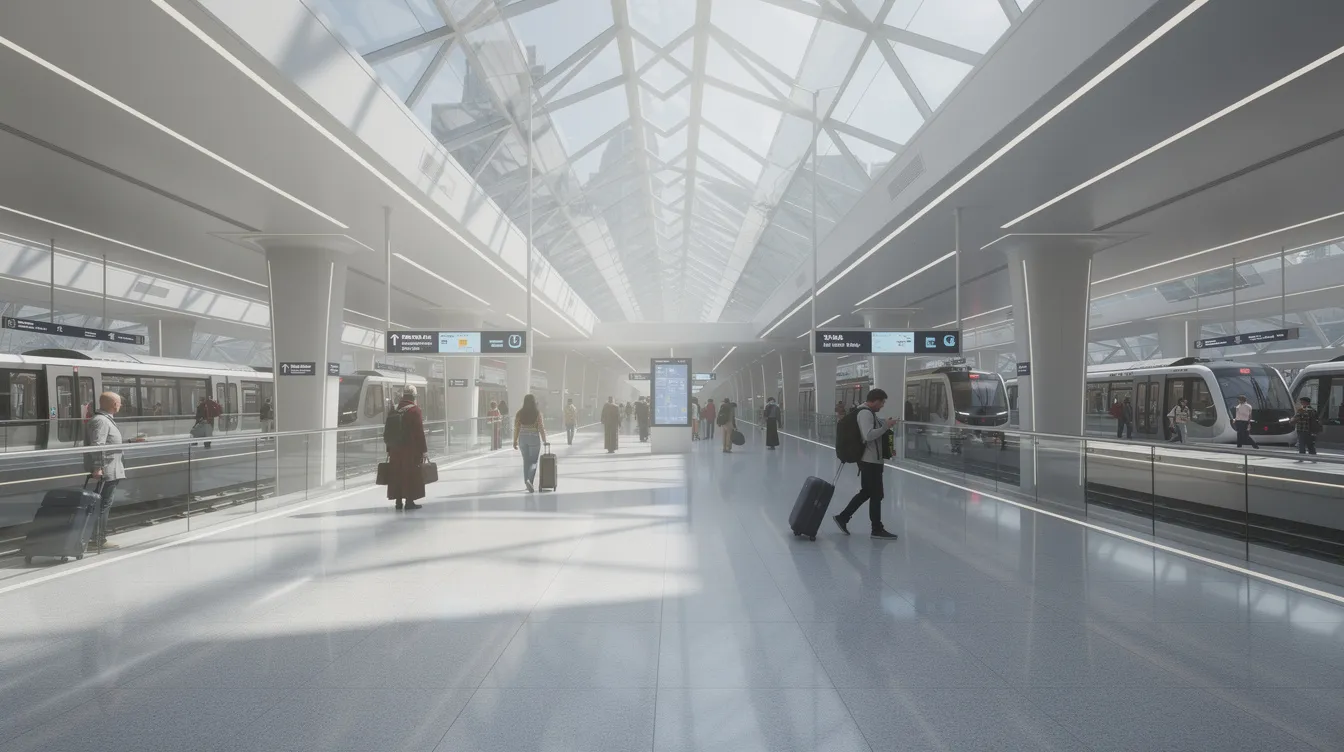 The image depicts the interior of a futuristic metro station with high glass ceilings, allowing natural light to flood the polished concourse where passengers are walking. This iconic station is part of the Dubai Metro network, enhancing public transport connectivity in key areas like Dubai Festival City and Dubai Creek Harbour.