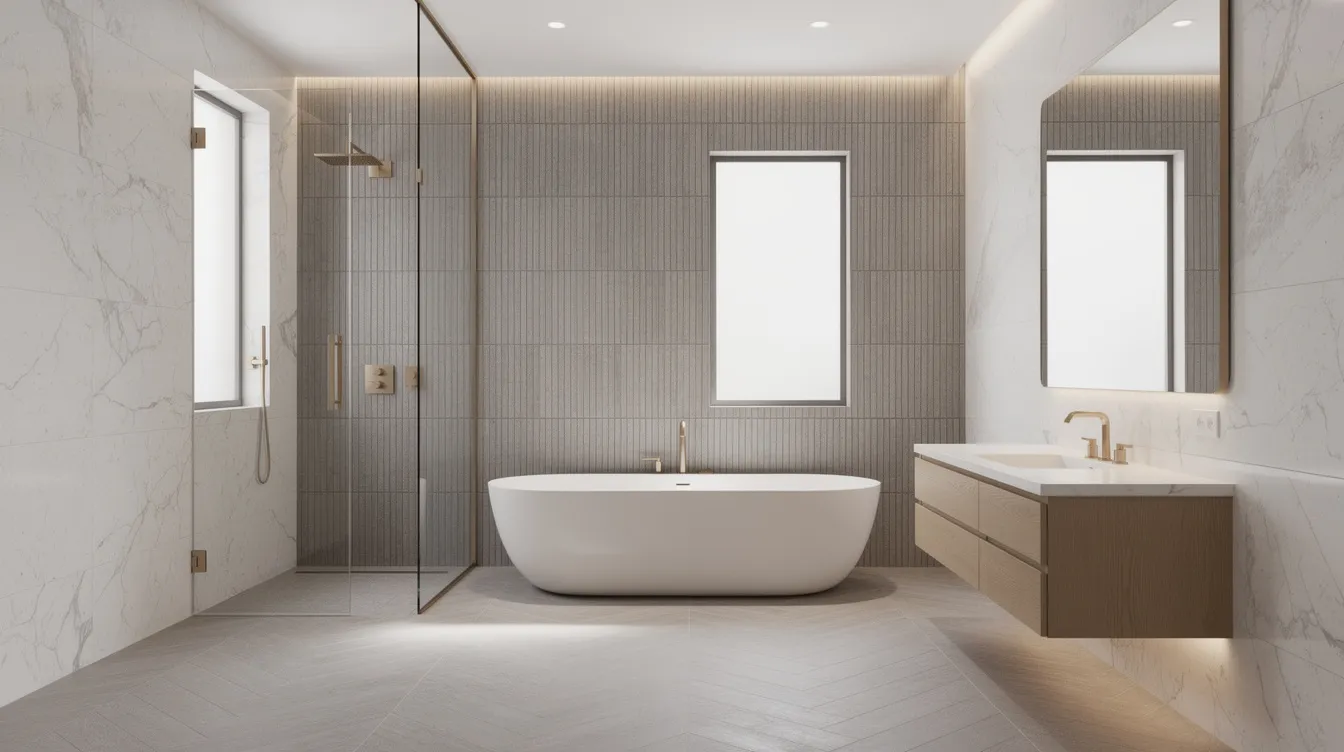 The image showcases a luxury bathroom featuring a combination of white subway tiles and small hexagon tiles that create a seamless look on the shower walls and floor. The choice of tile patterns and matching grout adds depth and visual interest to the compact space, enhancing the room's elegance without overwhelming it.